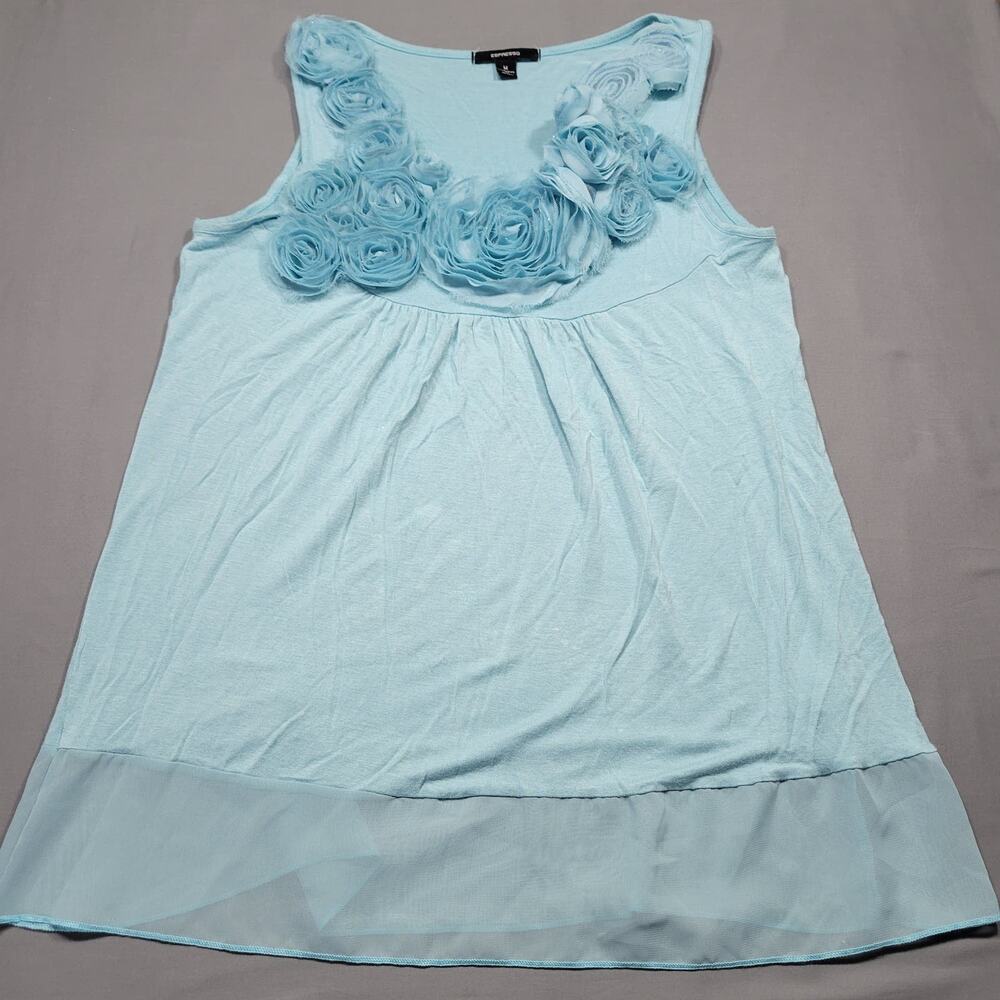 Espresso Sleeveless Floral Embellished Babydoll Blouse Womens Size Medium Blue